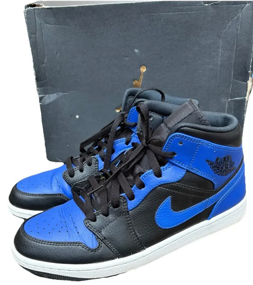 Nike Air Jordan 1 Mid Black Royal Tumbled Leather Mens 10 Shoes 554724-077 Box